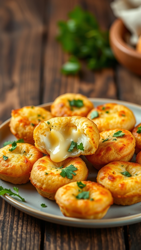 Crispy herb and cheese snack bites on a plate, garnished with parsley.